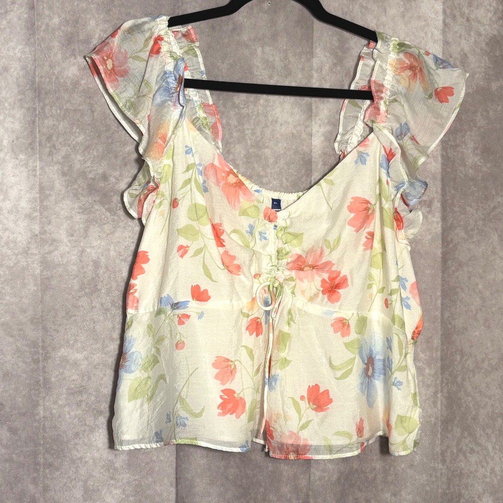 NWT Old Navy Floral Ruffle Sleeve Top Women XL White Cottagecore